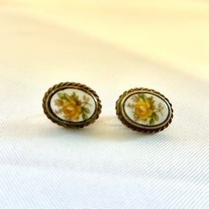 Vintage Hand Painted Porcelain Clip On Earrings, Flower Design